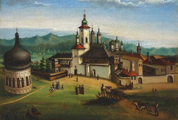 Zicht op het Neamt klooster, schilderij van Gehorghe Siller (19e eeuw)